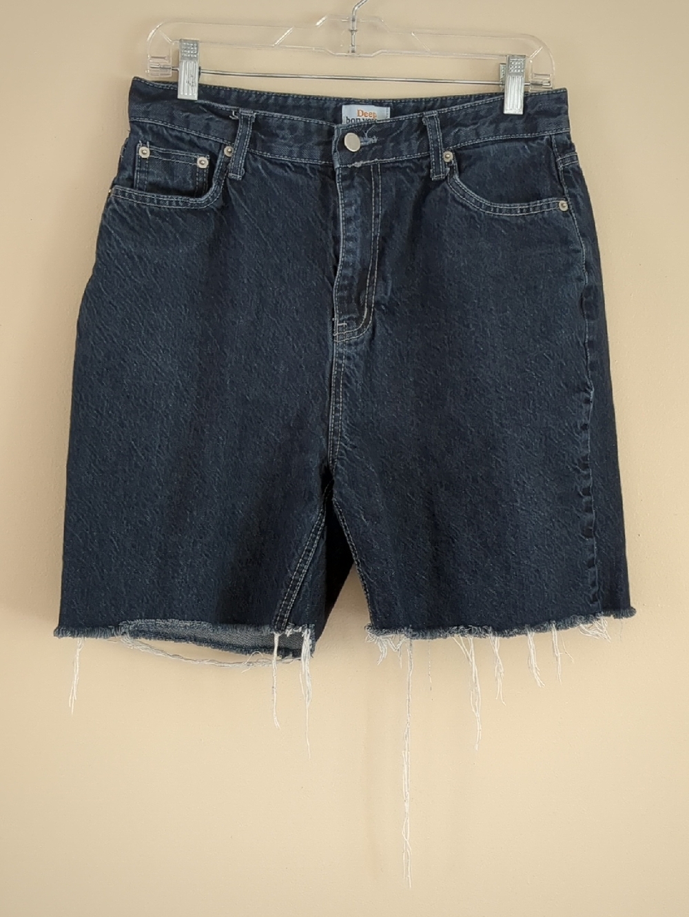 XL Deep Bon Voyage Denim Blue Jean Shorts Jorts Raw Hem Distresded